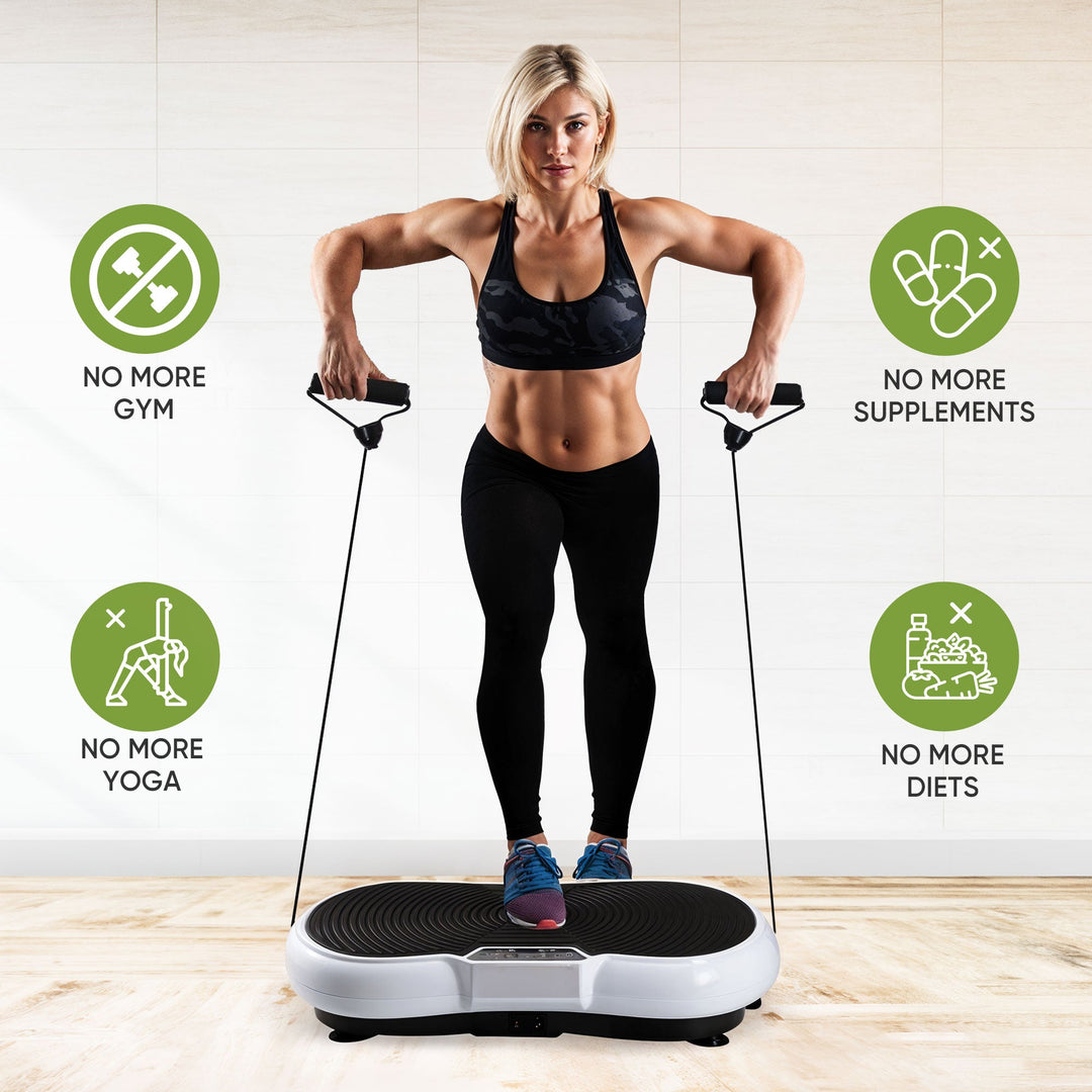 Compact home vibration exercise platform in black with detachable resistance bands, non-slip surface, and remote control.