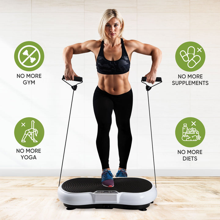 Compact home vibration exercise platform in black with detachable resistance bands, non-slip surface, and remote control.