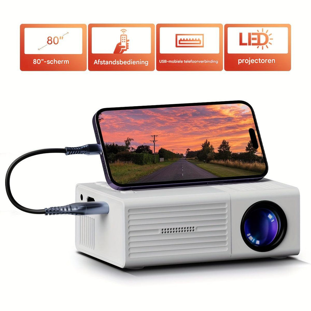 "Compact portable mini projector with 3000 lumens, ideal for vibrant indoor and outdoor cinema experiences, features USB, HDM