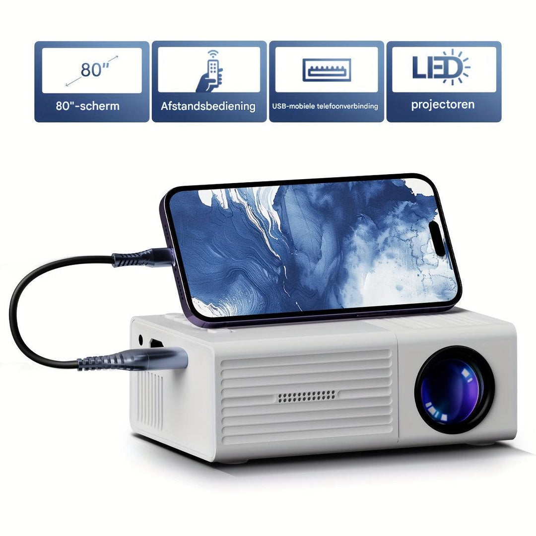 "Compact portable mini projector with 3000 lumens, ideal for vibrant indoor and outdoor cinema experiences, features USB, HDM