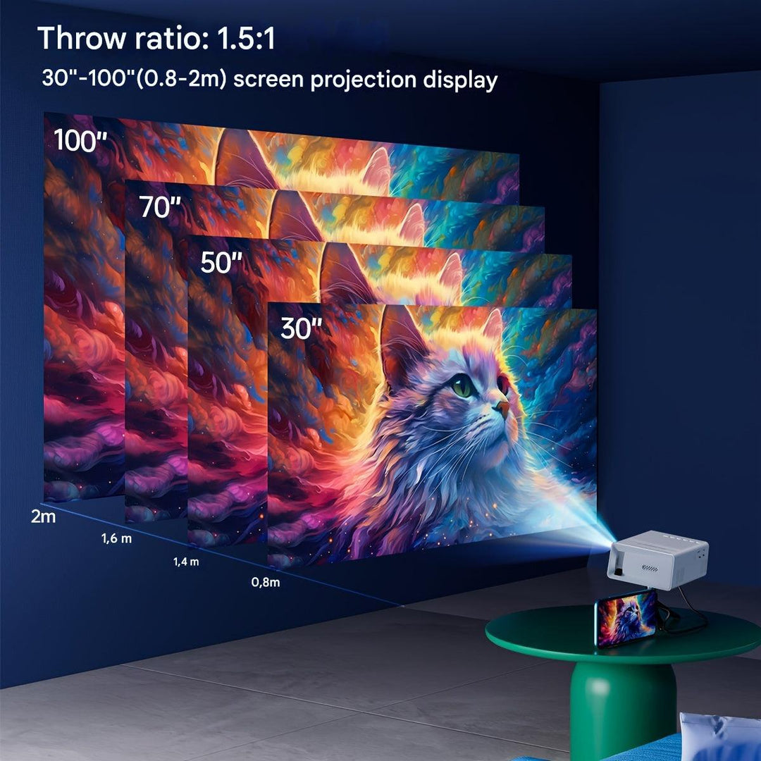 "Compact portable mini projector with 3000 lumens, ideal for vibrant indoor and outdoor cinema experiences, features USB, HDM