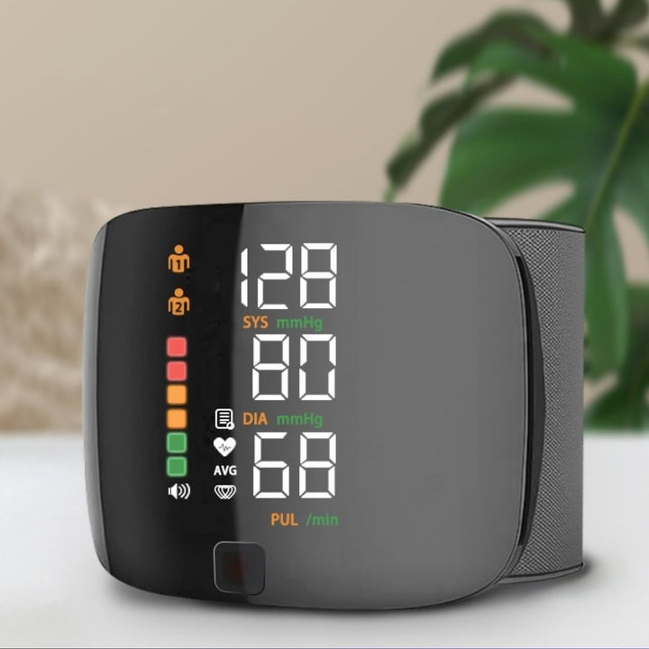 Compact smart wrist blood pressure monitor with a large LCD, sleek design, precise readings, ideal for health tracking.