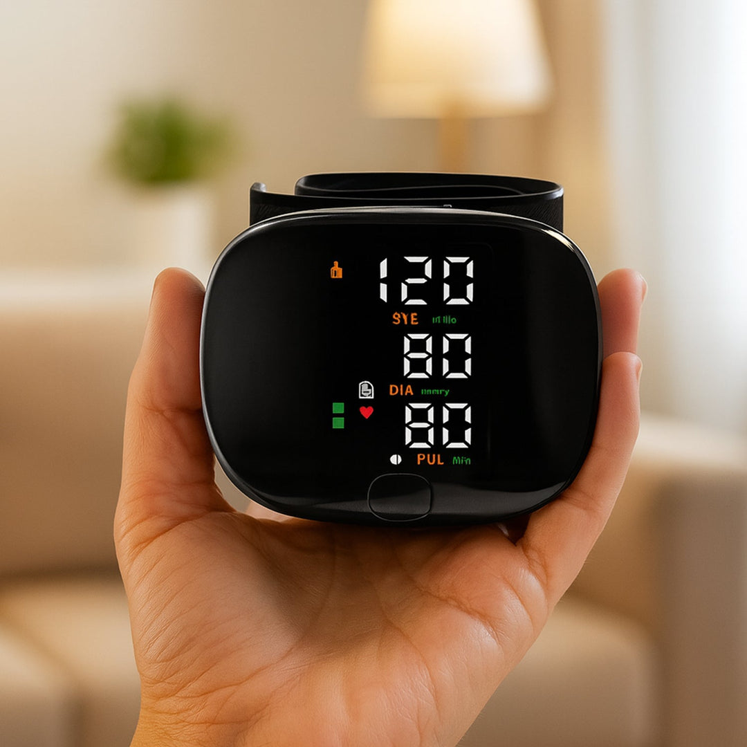 Compact smart wrist blood pressure monitor with a large LCD, sleek design, precise readings, ideal for health tracking.