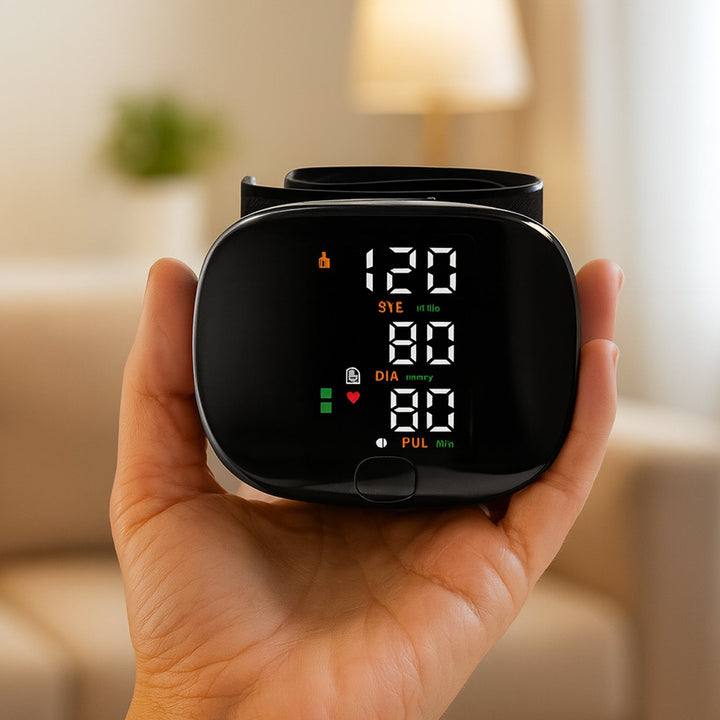 Compact smart wrist blood pressure monitor with a large LCD, sleek design, precise readings, ideal for health tracking.