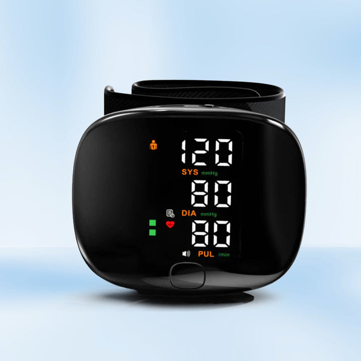 Compact smart wrist blood pressure monitor with a large LCD, sleek design, precise readings, ideal for health tracking.