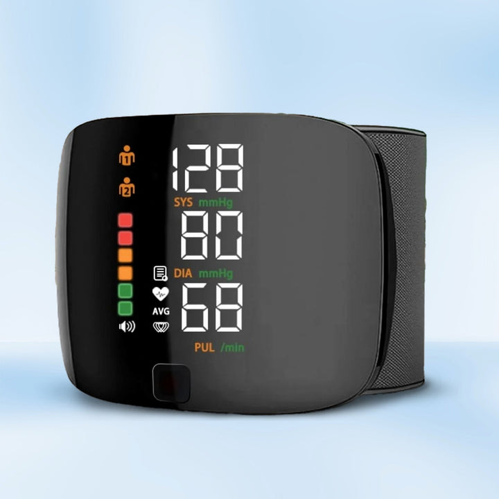 Compact smart wrist blood pressure monitor with a large LCD, sleek design, precise readings, ideal for health tracking.