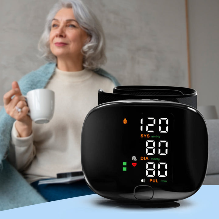 Compact smart wrist blood pressure monitor with a large LCD, sleek design, precise readings, ideal for health tracking.
