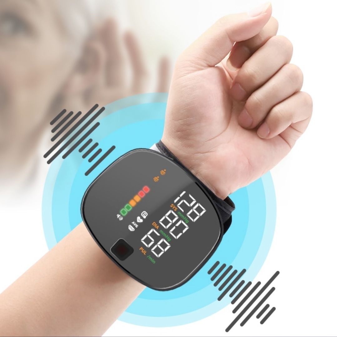 Compact smart wrist blood pressure monitor with a large LCD, sleek design, precise readings, ideal for health tracking.