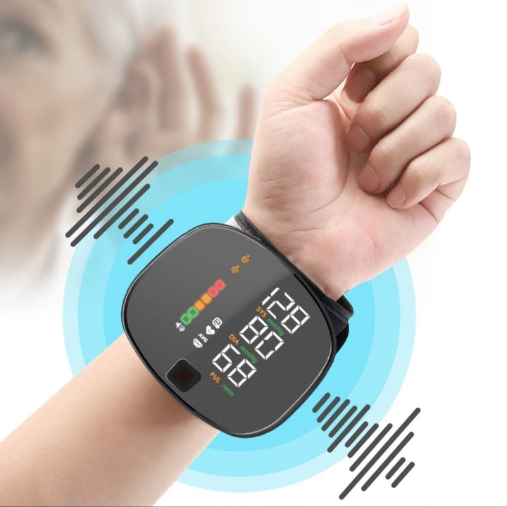 Compact smart wrist blood pressure monitor with a large LCD, sleek design, precise readings, ideal for health tracking.