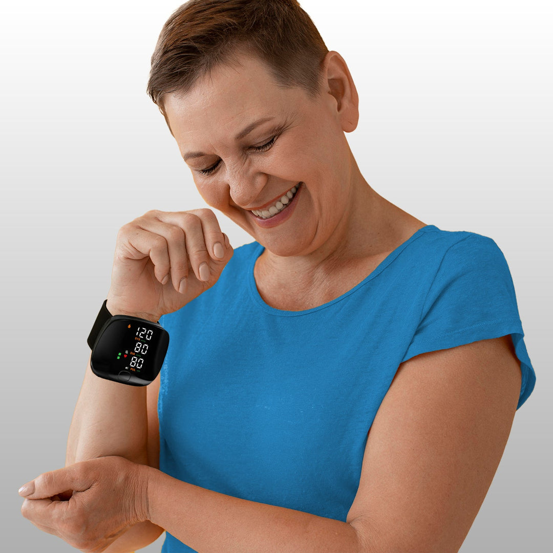 Compact smart wrist blood pressure monitor with a large LCD, sleek design, precise readings, ideal for health tracking.
