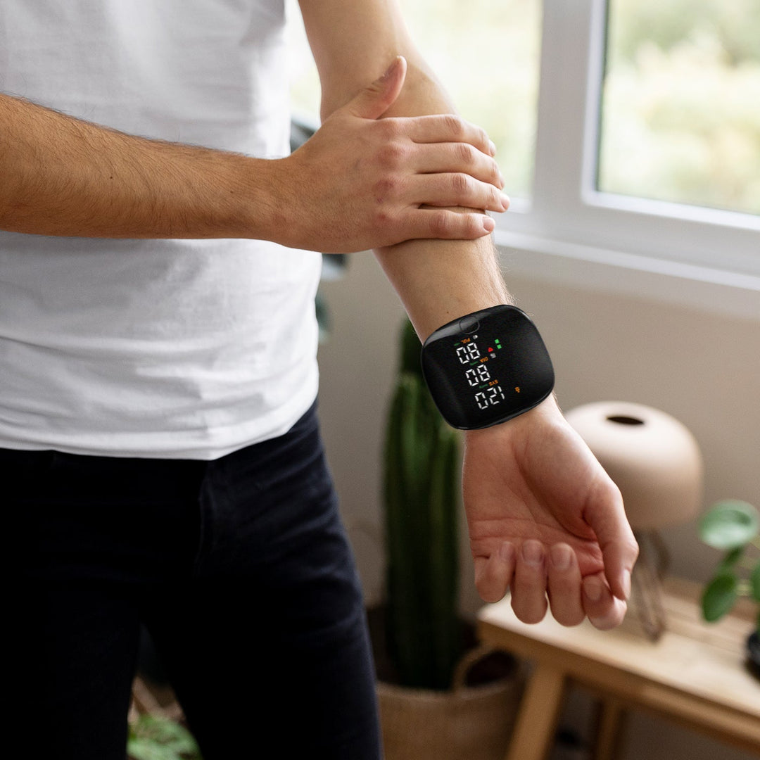 Compact smart wrist blood pressure monitor with a large LCD, sleek design, precise readings, ideal for health tracking.