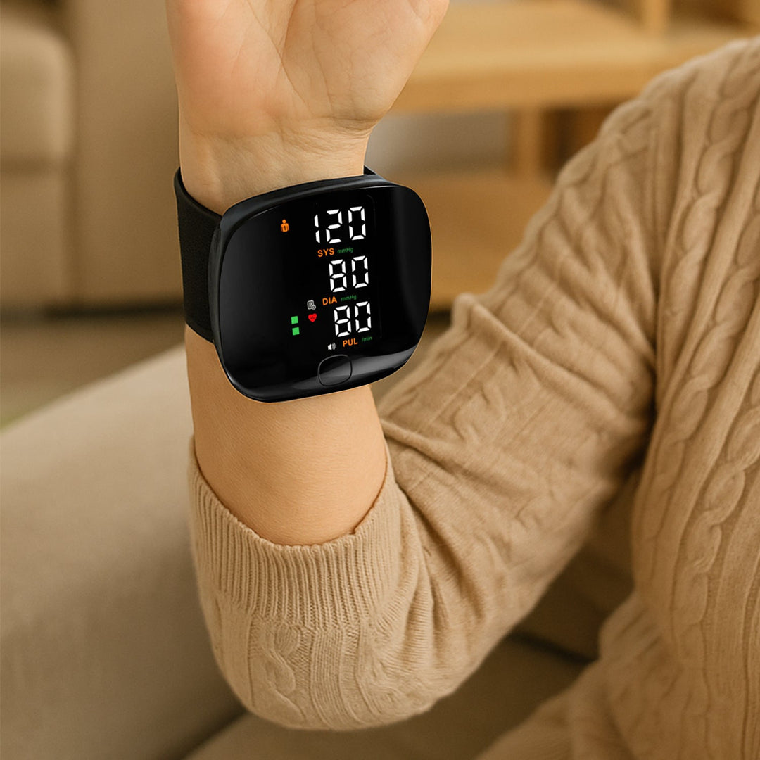 Compact smart wrist blood pressure monitor with a large LCD, sleek design, precise readings, ideal for health tracking.