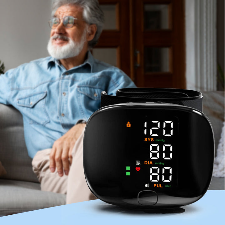 Compact smart wrist blood pressure monitor with a large LCD, sleek design, precise readings, ideal for health tracking.