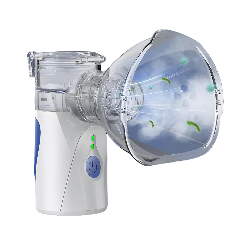 Compact ultrasonic nebuliser for easy respiratory relief, includes mask and mouthpiece for versatile inhalation therapy.