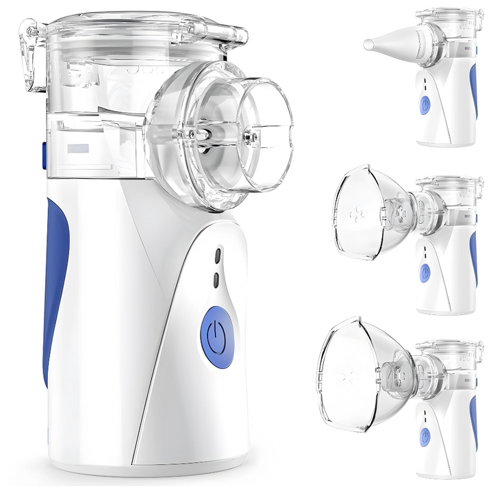 Compact ultrasonic nebuliser for easy respiratory relief, includes mask and mouthpiece for versatile inhalation therapy.