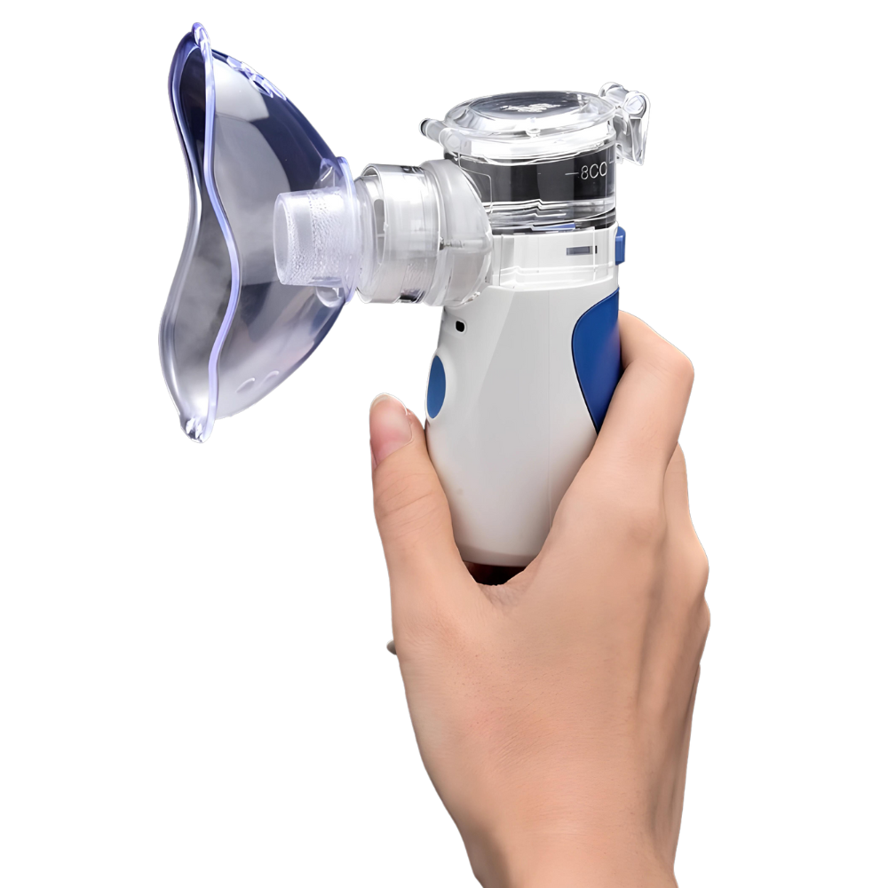 Compact ultrasonic nebuliser for easy respiratory relief, includes mask and mouthpiece for versatile inhalation therapy.