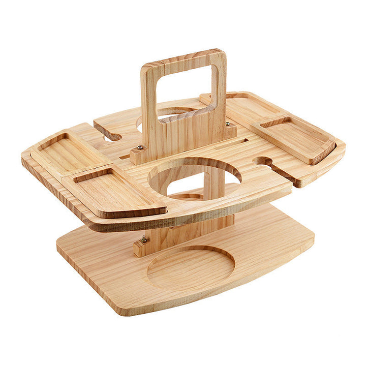 Compact wooden picnic wine table with compartments for snacks and wine, featuring a foldable, elegant design for outdoor gath