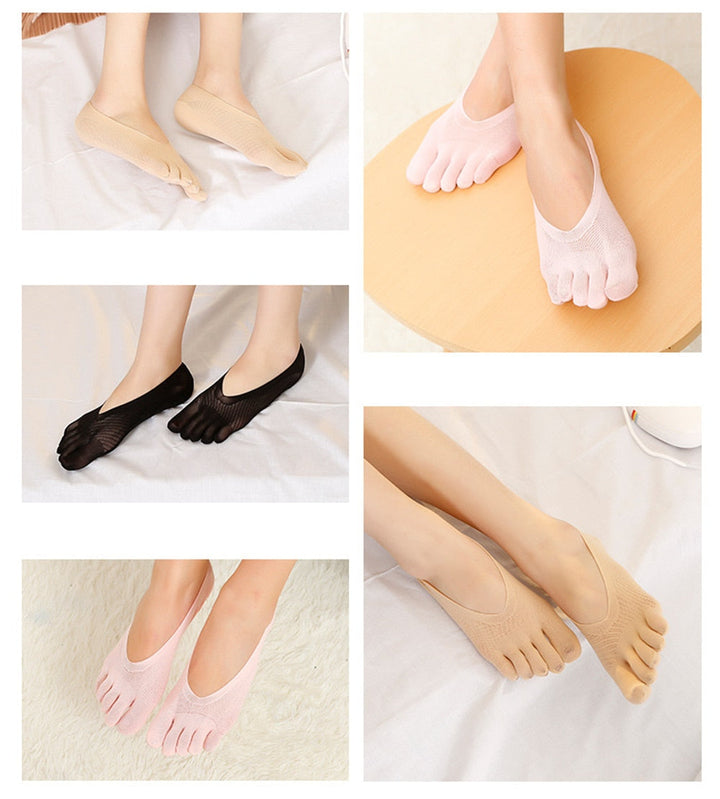 "Compression toe socks in beige, designed for pain relief from swelling and bunions, with improved circulation and blister pr