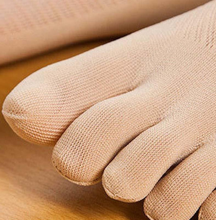 "Compression toe socks in beige, designed for pain relief from swelling and bunions, with improved circulation and blister pr