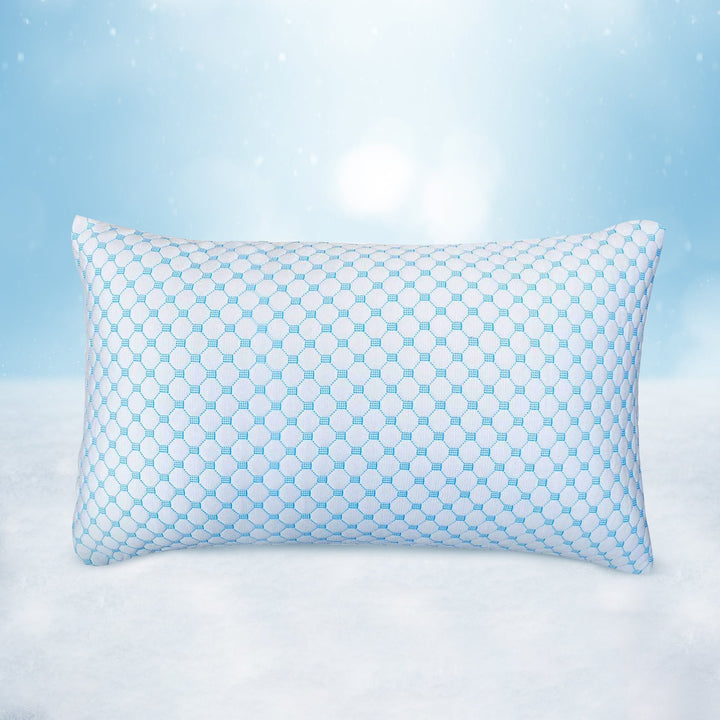 Cooling gel pillow with blue gel layer, ergonomic design, 76x50cm for hot sleepers and back relief, ideal for night sweats.