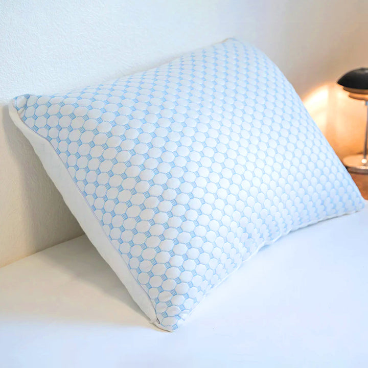 Cooling gel pillow with blue gel layer, ergonomic design, 76x50cm for hot sleepers and back relief, ideal for night sweats.