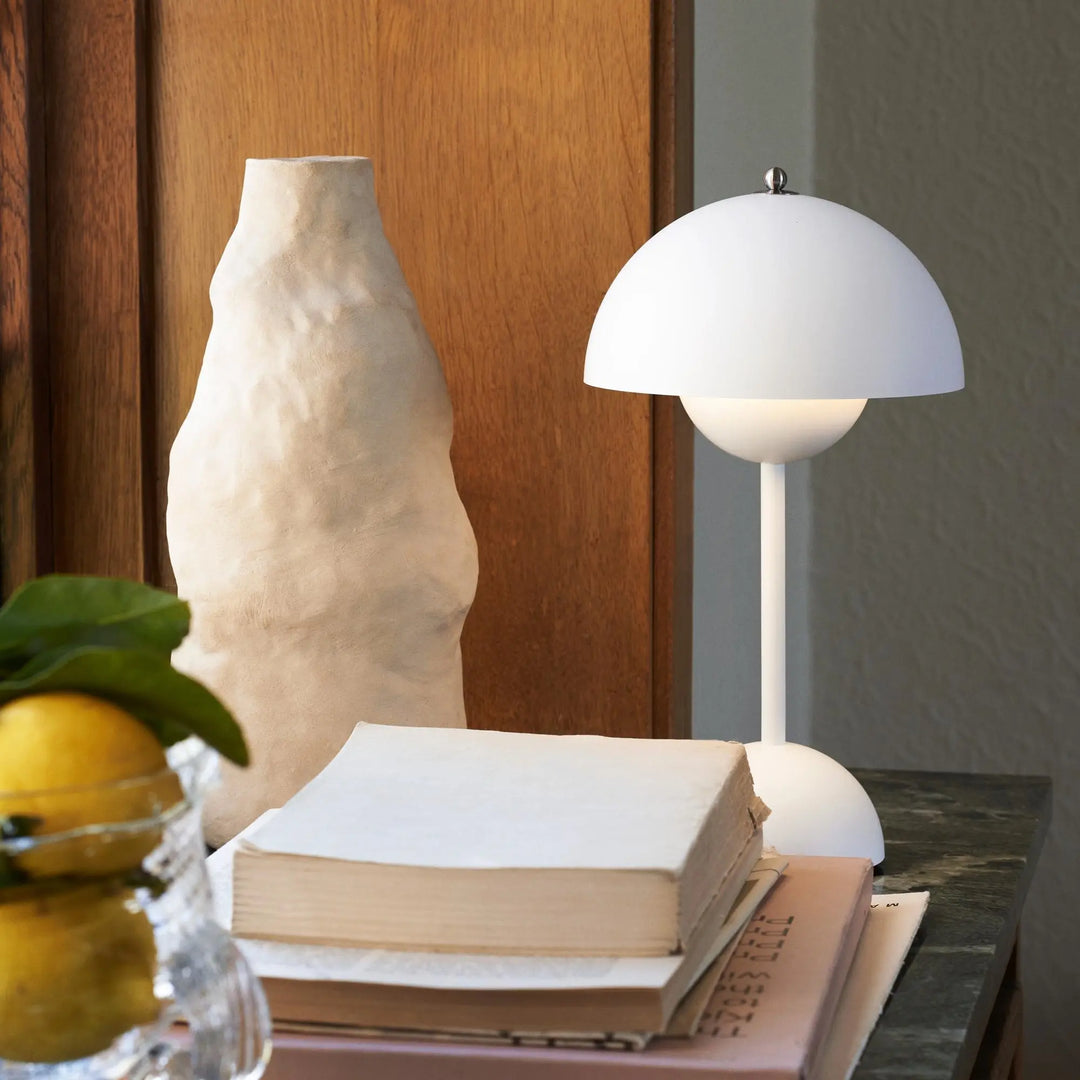 Cordless Retro LED Table Lamp with umbrella shade; emits warm glow; portable and customizable with modern energy-efficient de