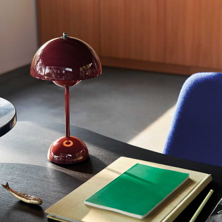 Cordless Retro LED Table Lamp with umbrella shade; emits warm glow; portable and customizable with modern energy-efficient de