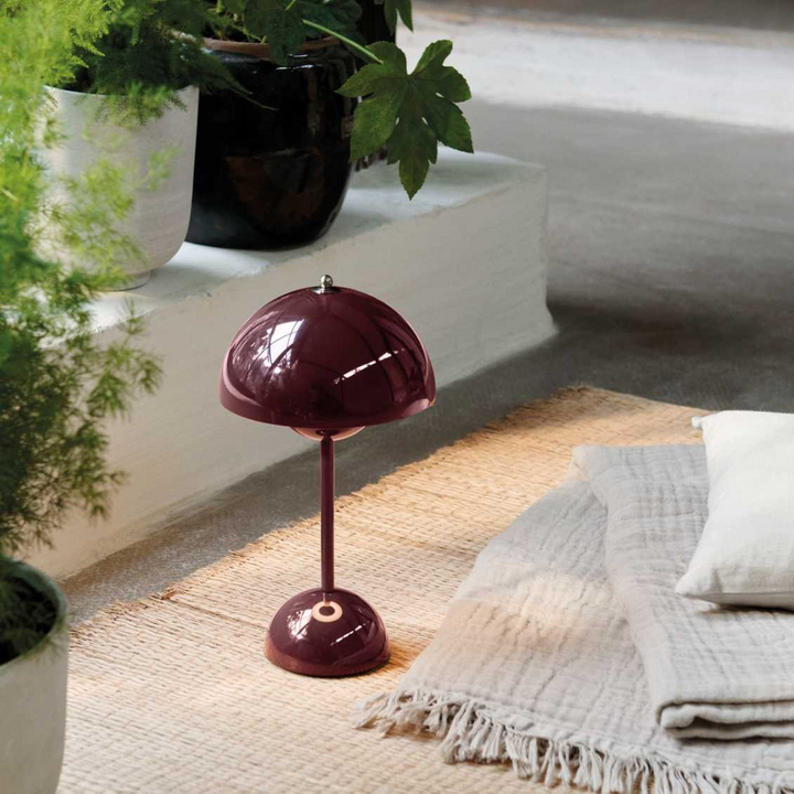 Cordless Retro LED Table Lamp with umbrella shade; emits warm glow; portable and customizable with modern energy-efficient de
