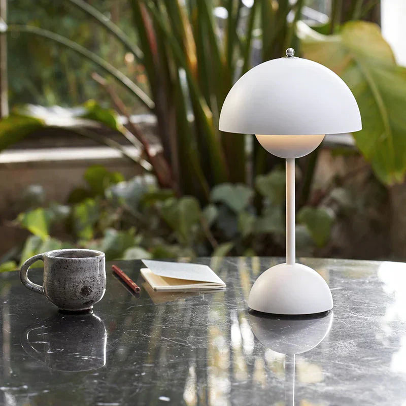 Cordless Retro LED Table Lamp with umbrella shade; emits warm glow; portable and customizable with modern energy-efficient de