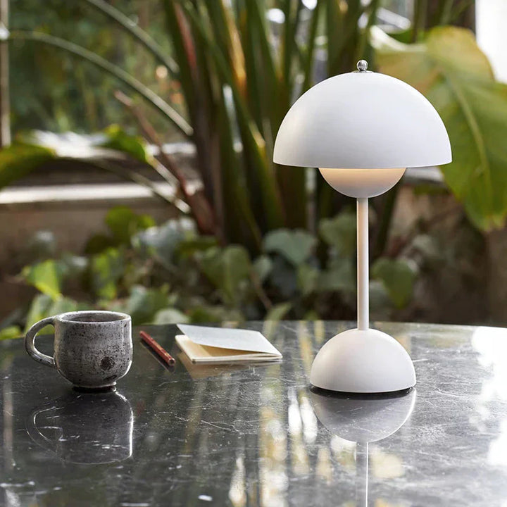 Cordless Retro LED Table Lamp with umbrella shade; emits warm glow; portable and customizable with modern energy-efficient de