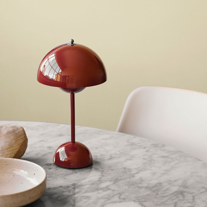 Cordless Retro LED Table Lamp with umbrella shade; emits warm glow; portable and customizable with modern energy-efficient de