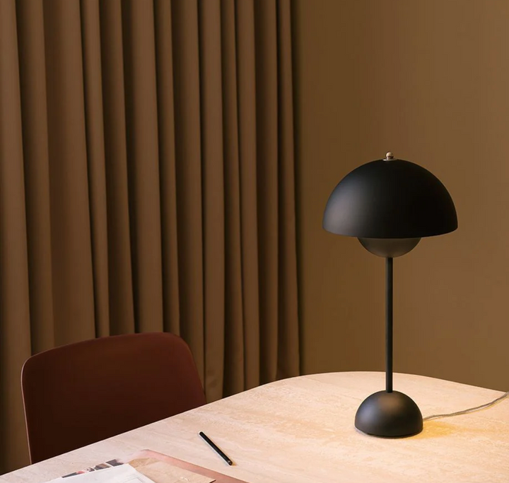 Cordless Retro LED Table Lamp with umbrella shade; emits warm glow; portable and customizable with modern energy-efficient de