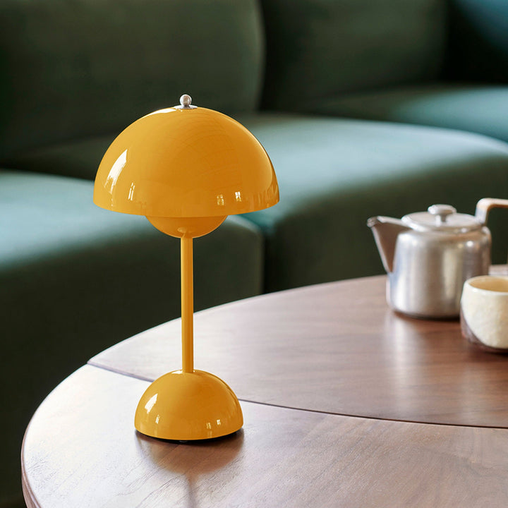 Cordless Retro LED Table Lamp with umbrella shade; emits warm glow; portable and customizable with modern energy-efficient de