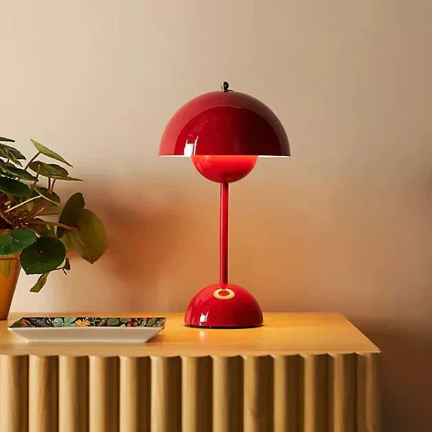 Cordless Retro LED Table Lamp with umbrella shade; emits warm glow; portable and customizable with modern energy-efficient de