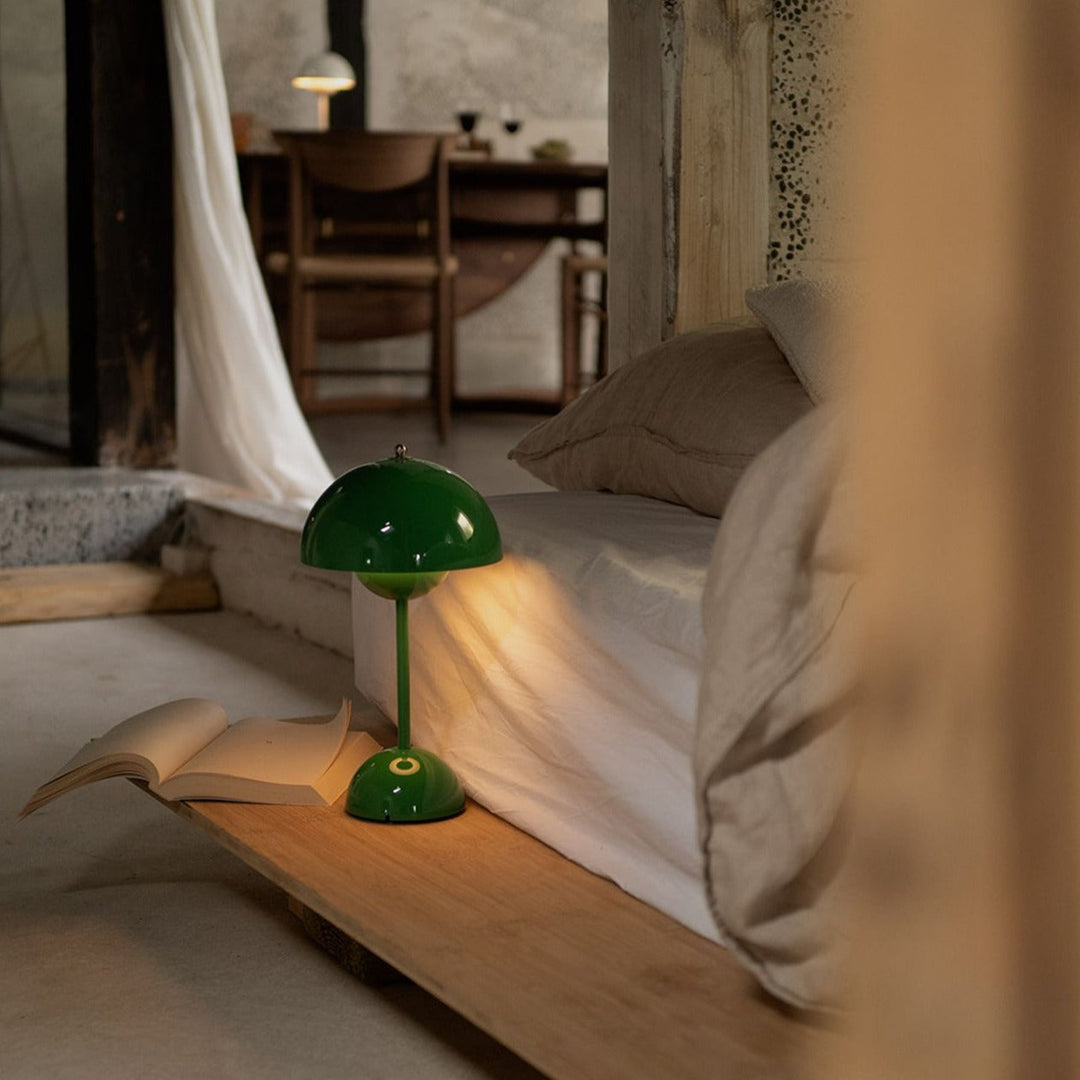 Cordless Retro LED Table Lamp with umbrella shade; emits warm glow; portable and customizable with modern energy-efficient de