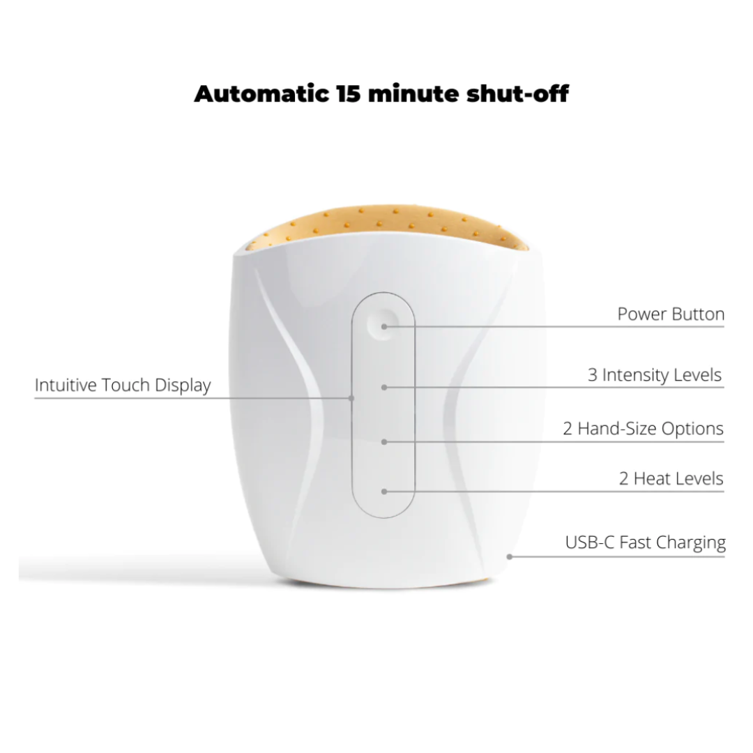Cordless USB hand massager with white durable exterior, soft cushioning, offering heat and compression for hand relaxation.