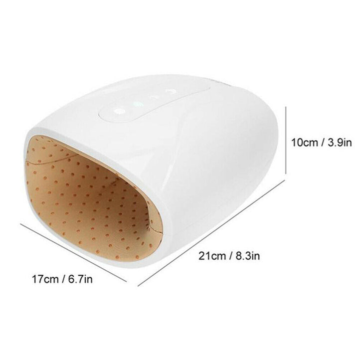 Cordless USB hand massager with white durable exterior, soft cushioning, offering heat and compression for hand relaxation.