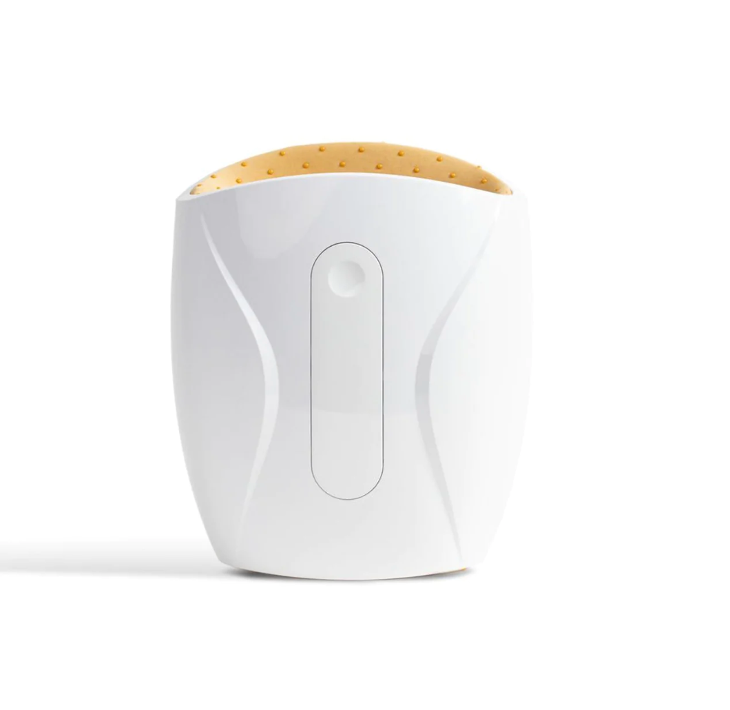 Cordless USB hand massager with white durable exterior, soft cushioning, offering heat and compression for hand relaxation.