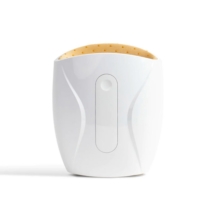 Cordless USB hand massager with white durable exterior, soft cushioning, offering heat and compression for hand relaxation.