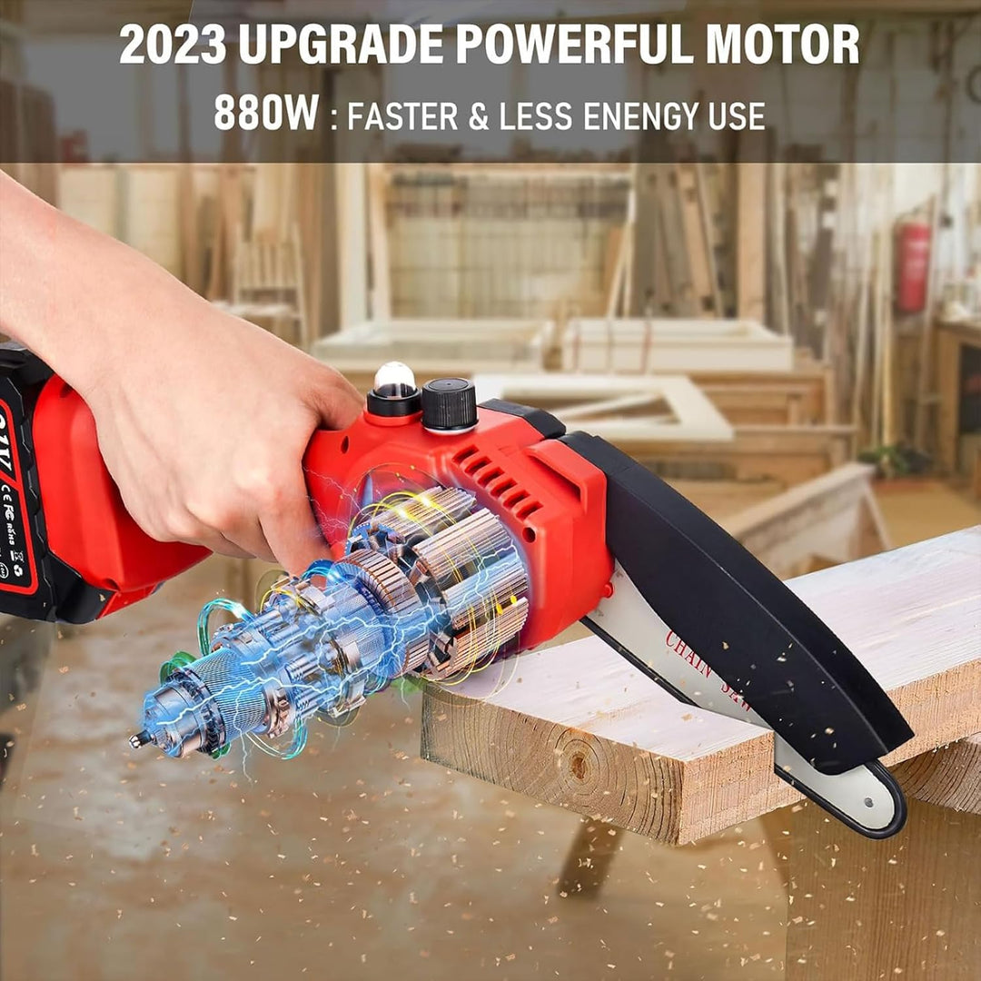 "Cordless rechargeable 6-inch chainsaw, compact design, ergonomic grip, ideal for tree trimming, garden, DIY tasks."