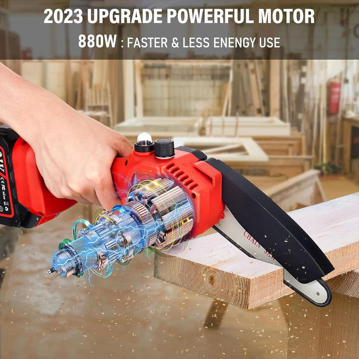 "Cordless rechargeable 6-inch chainsaw, compact design, ergonomic grip, ideal for tree trimming, garden, DIY tasks."