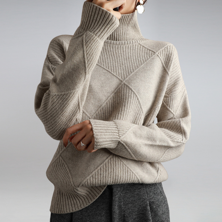 "Cozy cashmere women's turtleneck sweater, rib-knit design, available in beige, black, brown, grey, orange, pink, turquoise, 