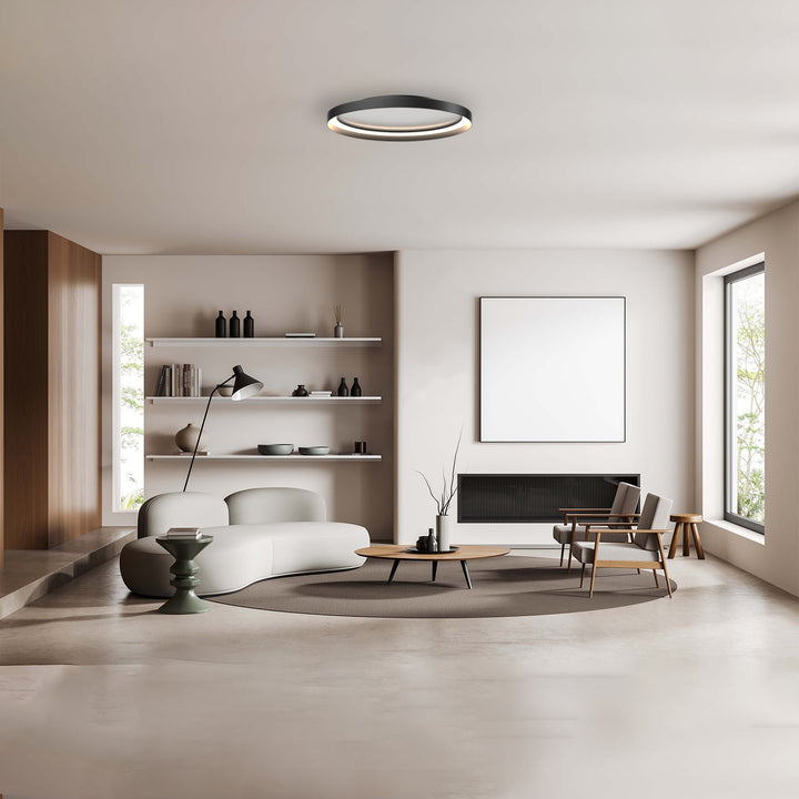 "Dimmable LED flush mount ceiling light with sleek round aluminum casing, opal diffuser, modern design, CCT selection."