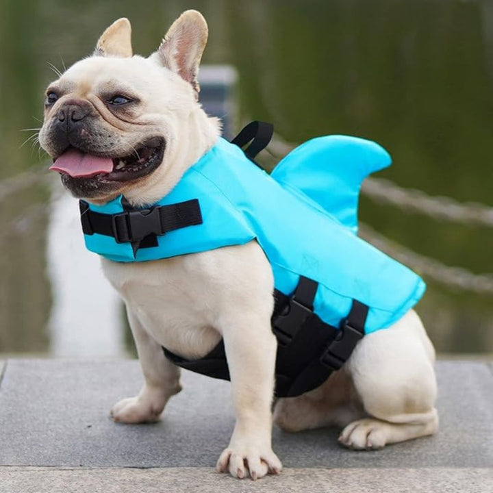 Dog life jacket with shark fin, offering buoyancy and fun for all water activities; bright material, adjustable straps.