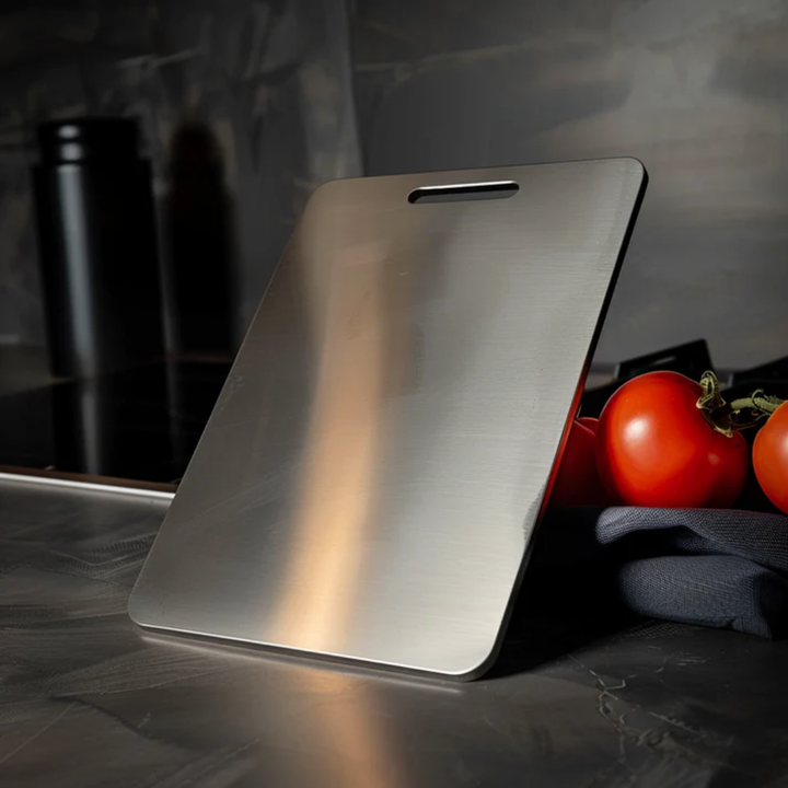 "Durable, bacteria-resistant stainless steel cutting board on countertop, non-porous surface perfect for hygienic food prep."
