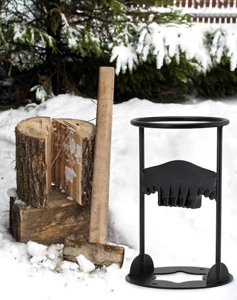 Durable manual log splitter with a sturdy steel blade, black cast iron design for easy and safe wood cutting.