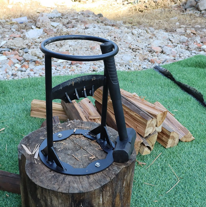 Durable manual log splitter with a sturdy steel blade, black cast iron design for easy and safe wood cutting.