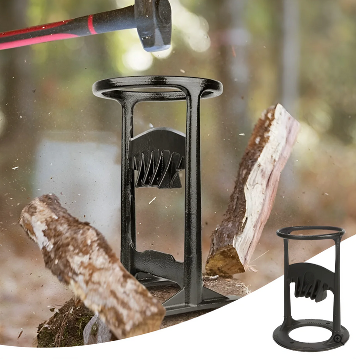 Durable manual log splitter with a sturdy steel blade, black cast iron design for easy and safe wood cutting.