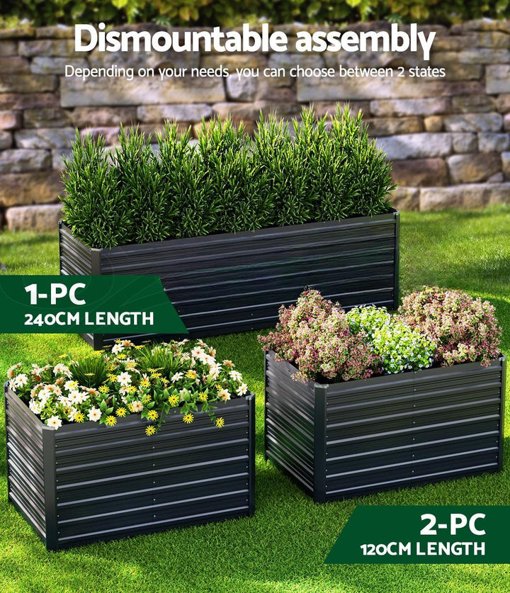 "Durable steel raised garden bed in sleek grey, ideal for herbs and vegetables, easy assembly, adds modern touch to gardens."