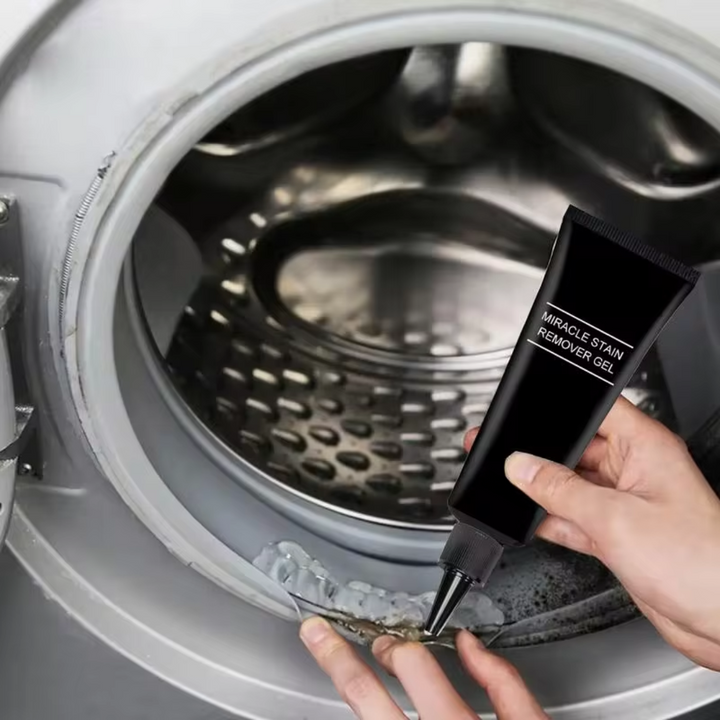 "Eco-friendly mould stain removal gel in tube; powerful cleaning for grout, tiles, sinks; deep penetration; no scrubbing."